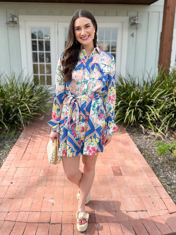 The Karen Floral Shirt Dress-Blue