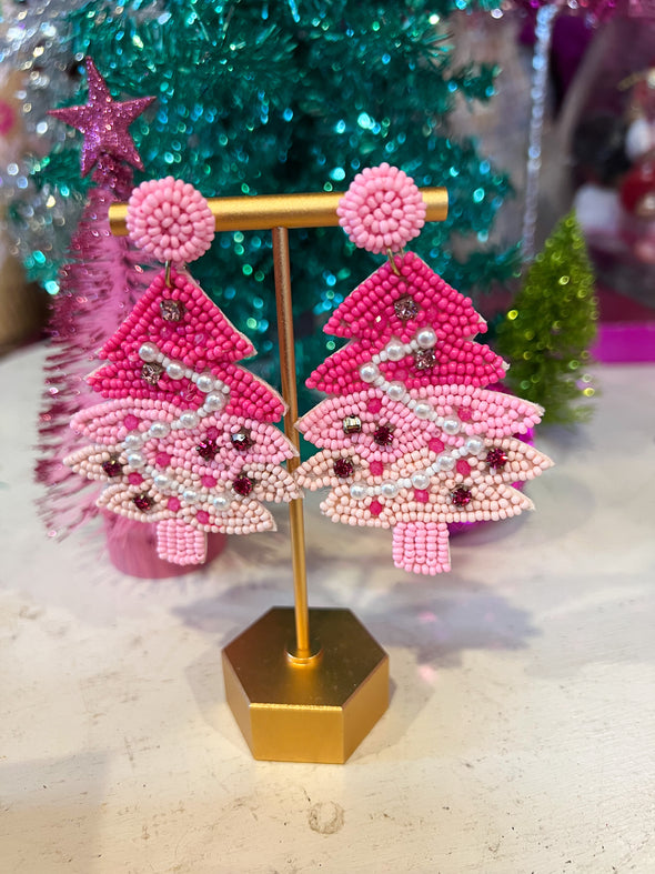 Pink beaded Christmas Tree Earrings