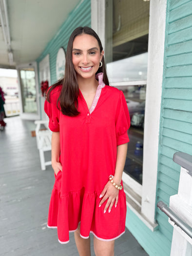 The Harper Ruffle High Neck Dress-Red