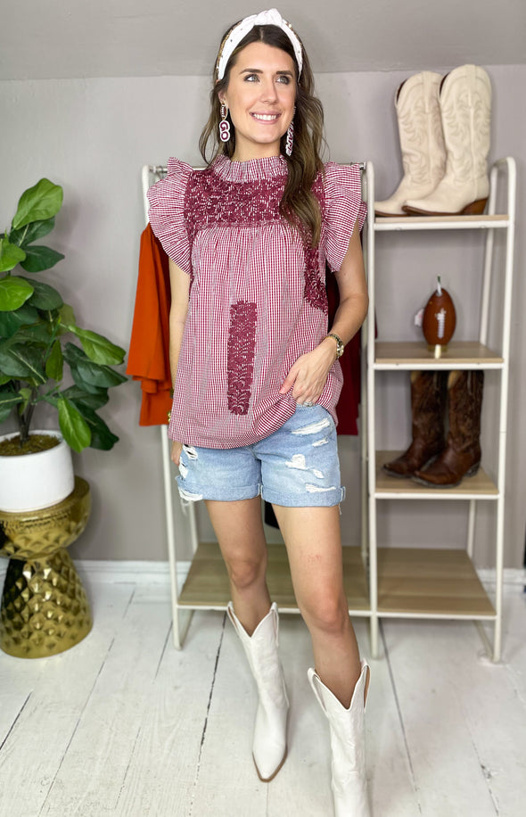 maroon gingham top from j.marie
