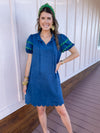 blue suede dress with scallop detail 
