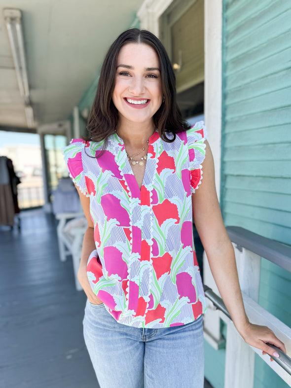 The Kira Ruffle Sleeve Top-Coral