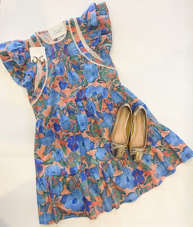 peach and blue floral short dress