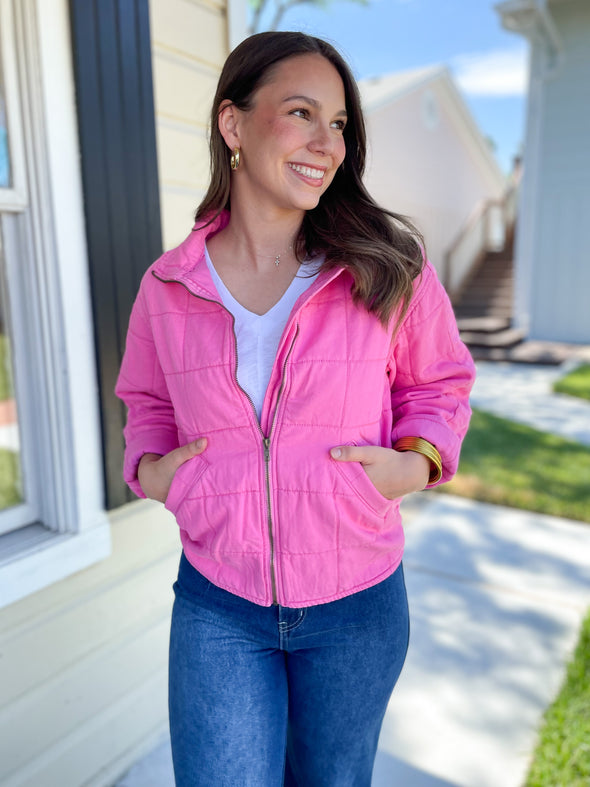 pink quilted jacket