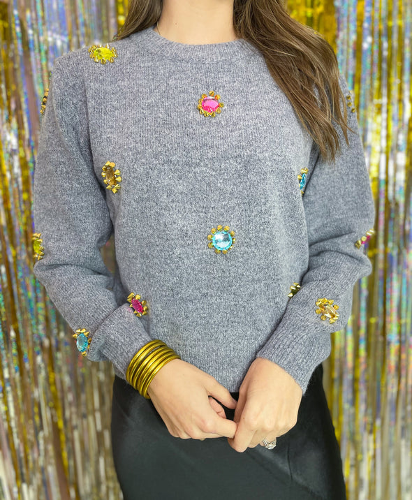 grey sweater with jewels