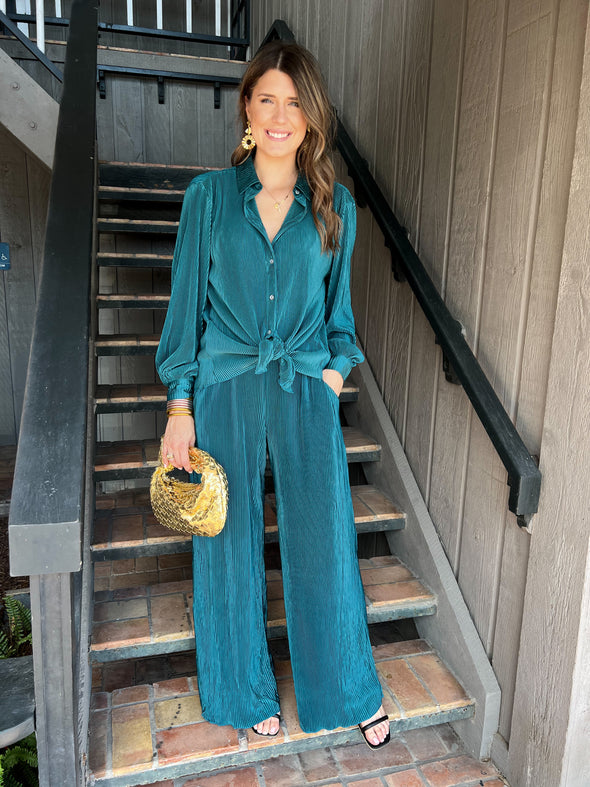 Teal  pleated pant set