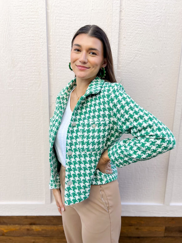 green and white houndstooth cropped jacket