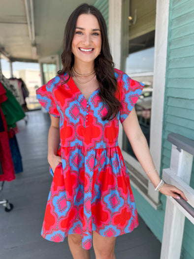 red and blue print dress