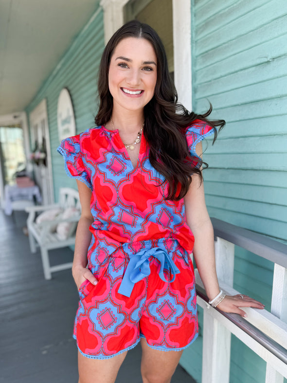 The Devany Geo Print Top-Red