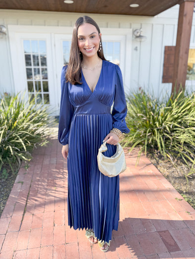 The Roya Pleated Satin Midi Dress-Royal Blue