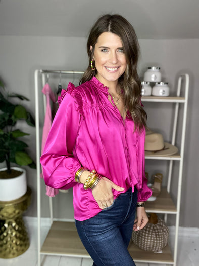 Magenta long sleeve silk top 