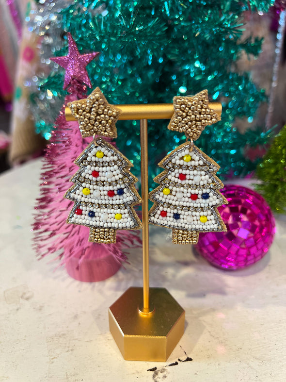 White and Gold Christmas tree earrings
