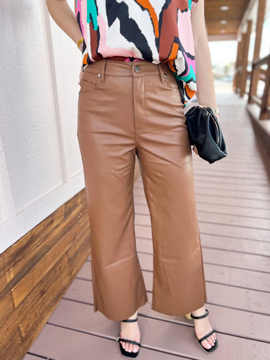 brown faux leather wide leg pant