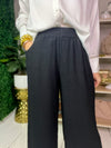 close up of black linen pants