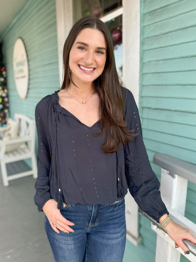 The Yolanda Long Sleeve Sequin Tops-Navy