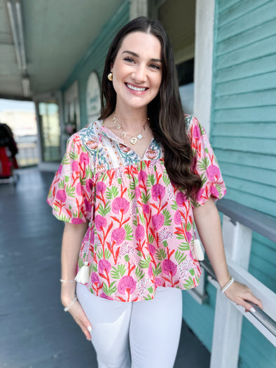 (THML) The Lino Floral Top-Pink