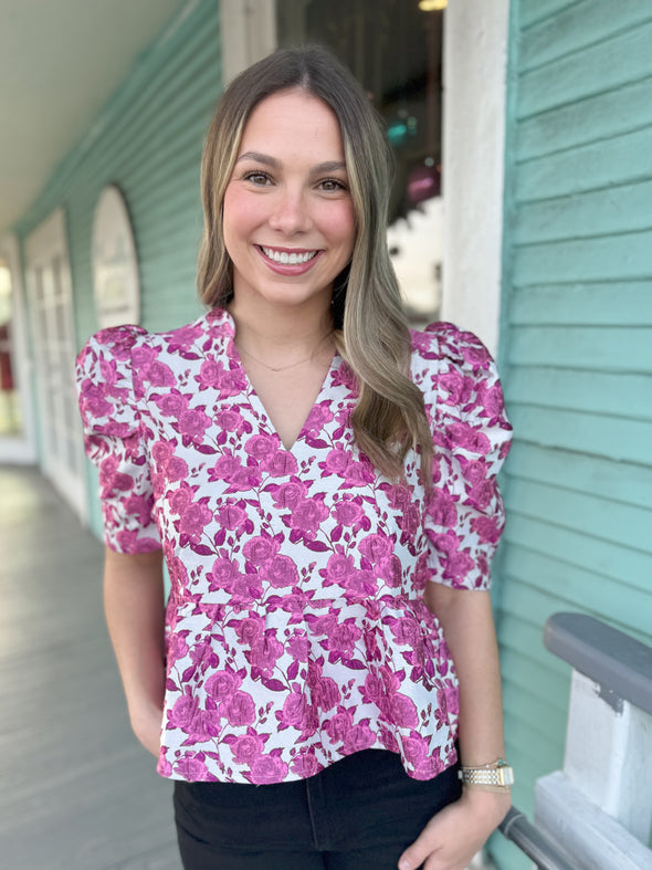 The Danielle Jacquard Floral Puff Sleeve Top-Pink