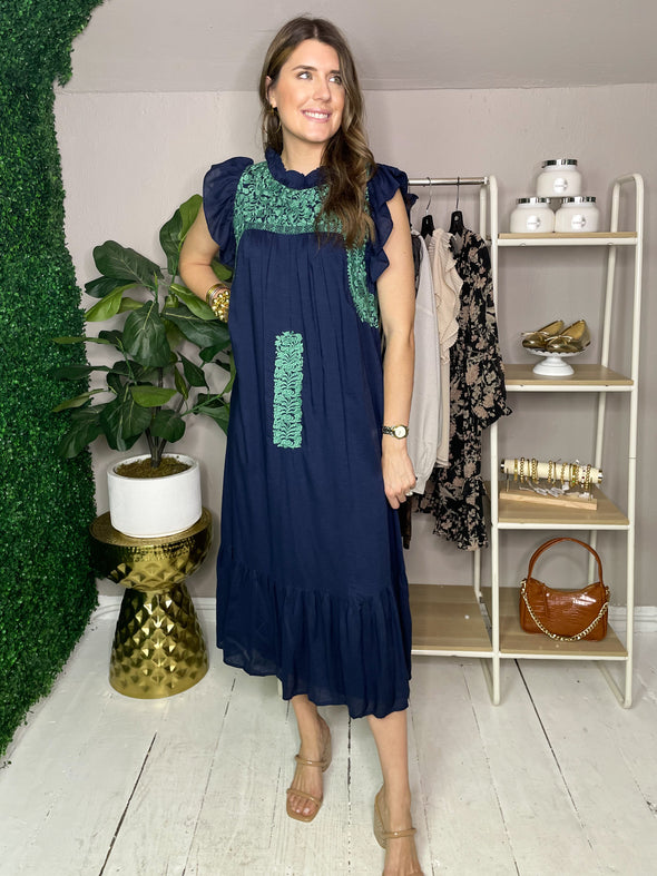 J. Marie Navy midi dress with green embroidery 