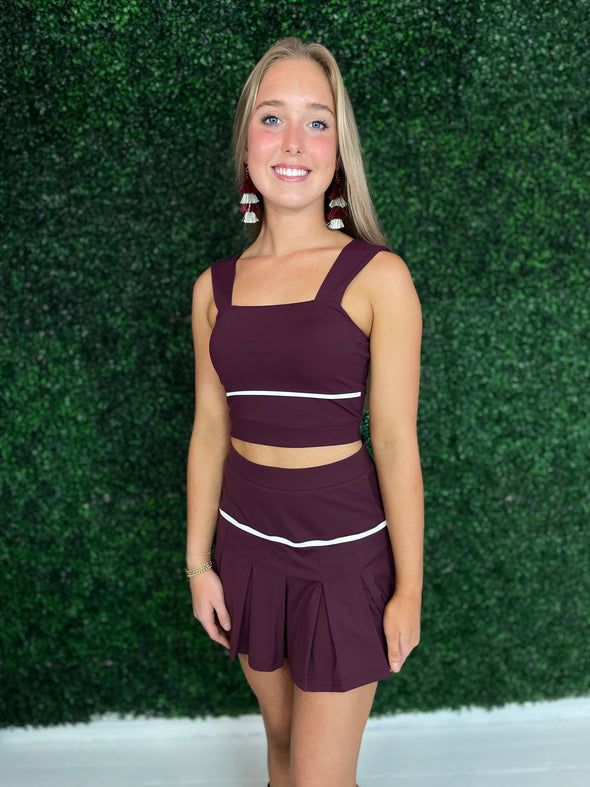 maroon top and skirt bottom 