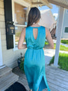 back of teal silk maxi dress