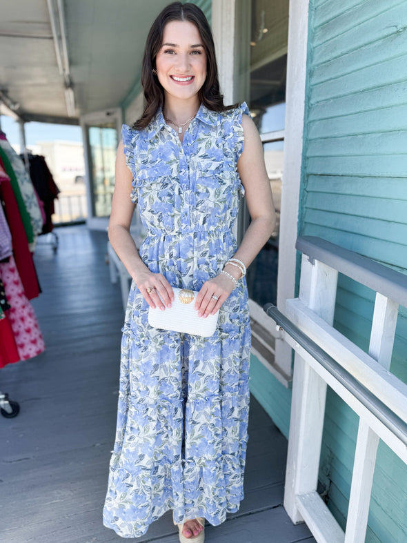 The Minnie Floral Collar Midi Dress-Blue