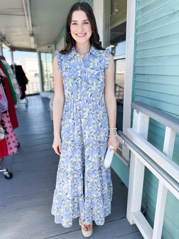 The Minnie Floral Collar Midi Dress-Blue