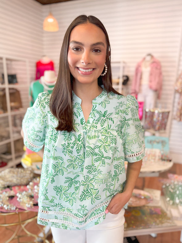 blue and green tropical top 