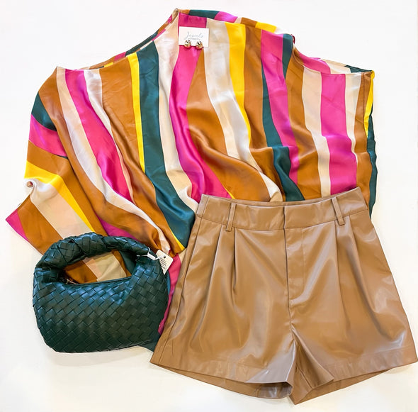 Jewel tone caftan top with leather shorts 
