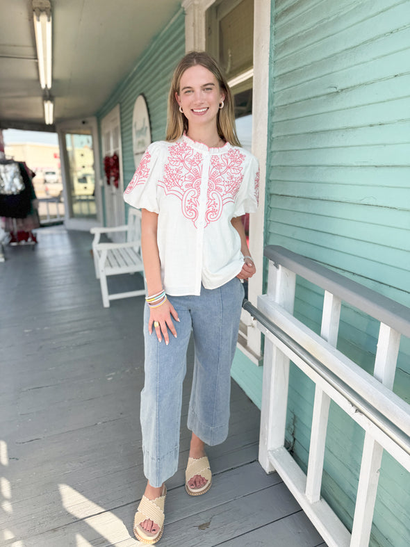 The Connie Embroidered Top-Coral