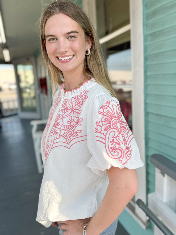 The Connie Embroidered Top-Coral