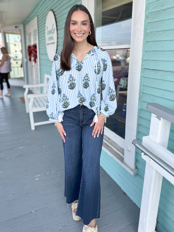 The Barclay Stripe Floral Top-Blue