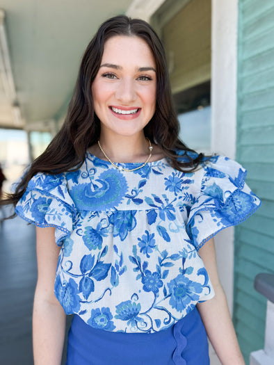 The Ana Floral Ruffle Top-Blue