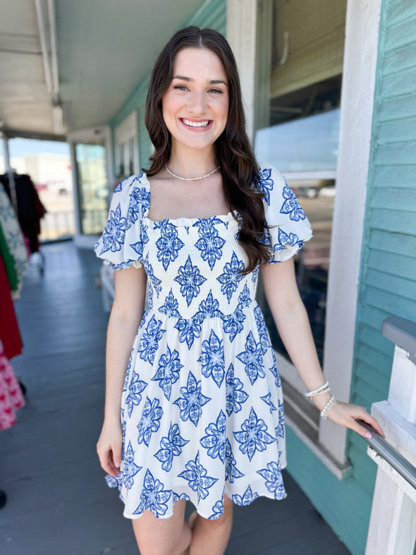 The Scottie Smocked Printed Dress-Blue