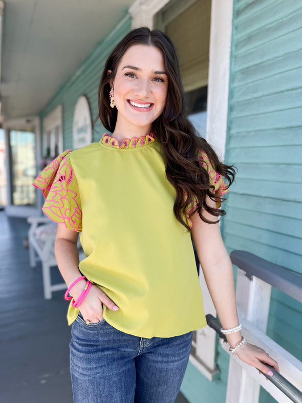 The Trenna Embroidered Sleeve Top-Olive