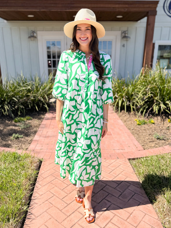 The Riley Patterned Midi  Dress-Green