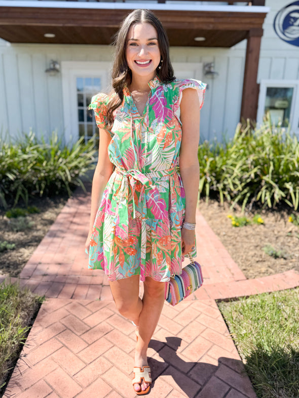 The Toni Tropical Button Up Dress-Green