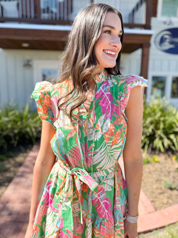 The Toni Tropical Button Up Dress-Green