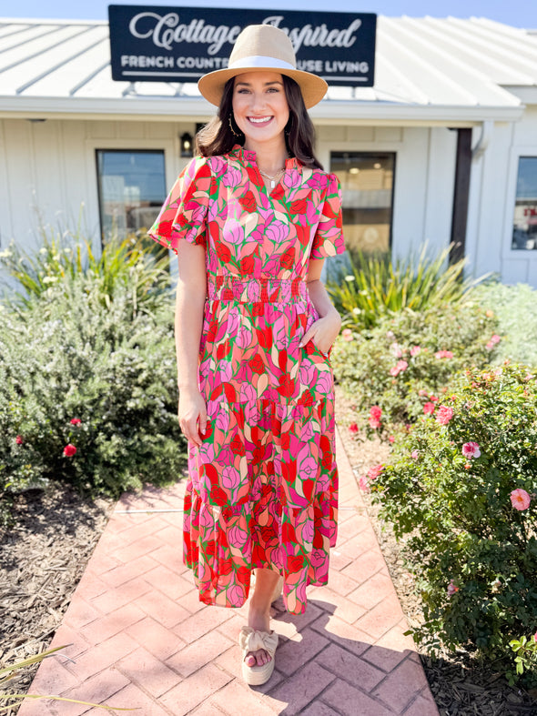 The Ashley Floral Midi Dress-Pink