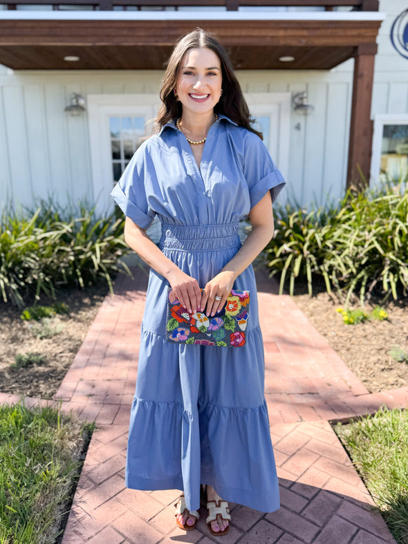 The Olivia Smocked Waist Maxi Dress-Denim Blue