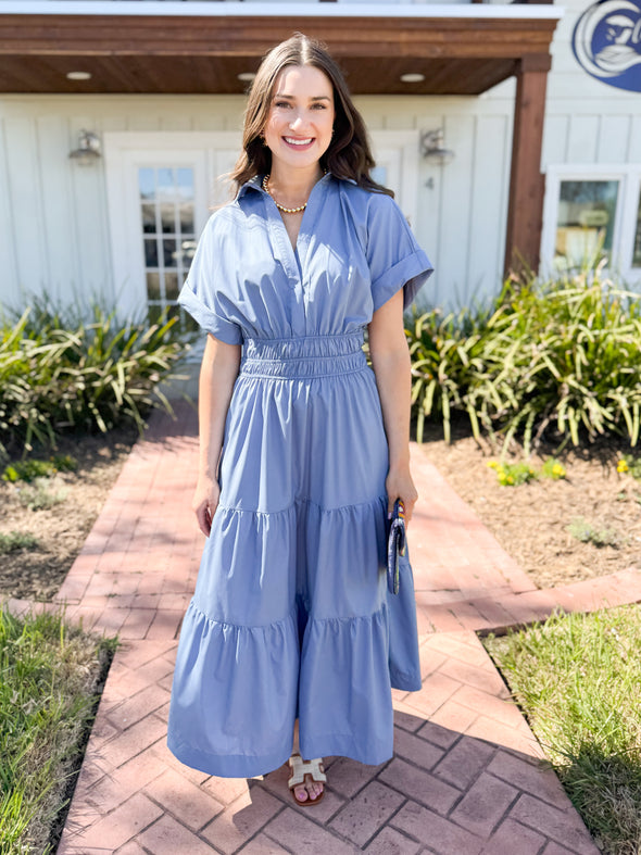 The Olivia Smocked Waist Maxi Dress-Denim Blue