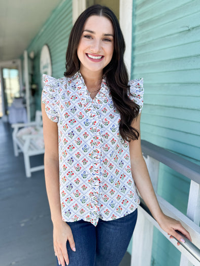 The Lara Floral Ruffle Blouse-White