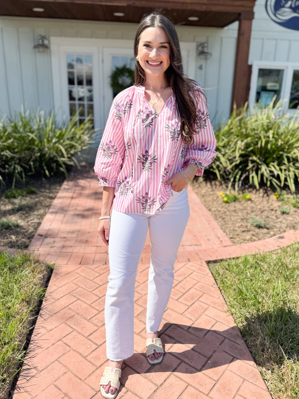 The Rebianna Floral Stripe Top-Pink