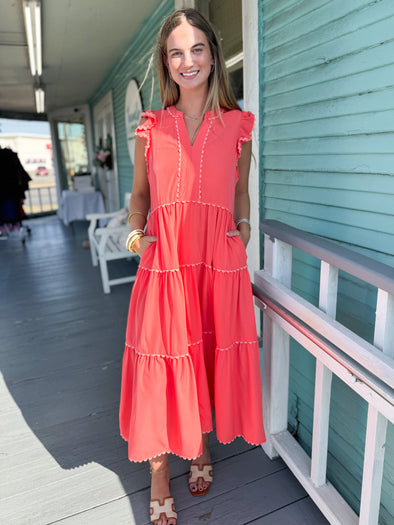 The Kari Scalloped Midi Dress-Coral