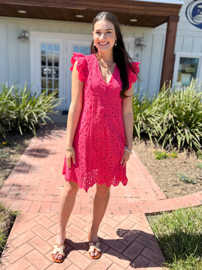 raspberry color short crochet dress