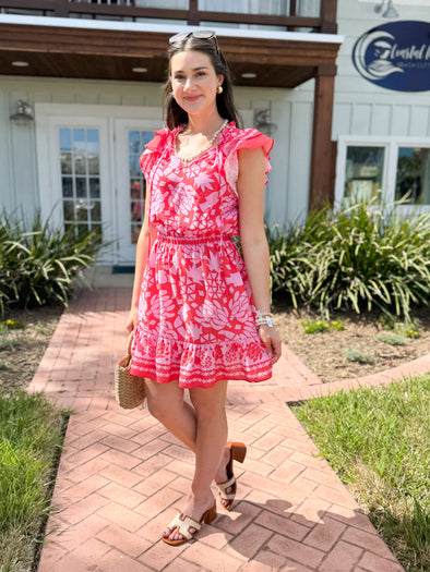 The Sienna Printed Ruffle Dress-Pink