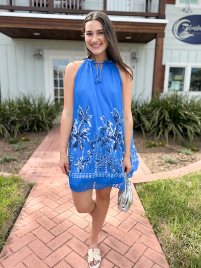 blue dress with palm print 