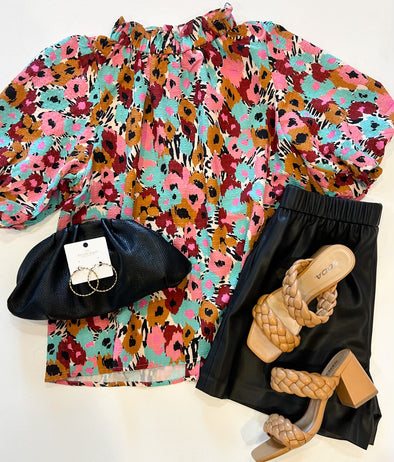 fall floral THML top with black faux shorts