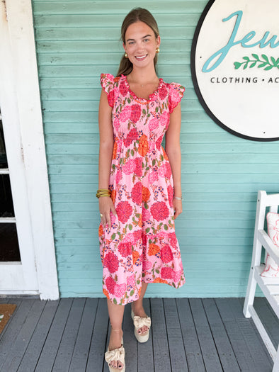 pink floral print maxi dress with smocked bodice 