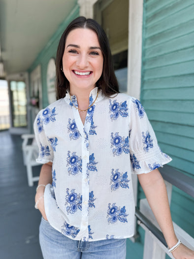 blue and white floral top 
