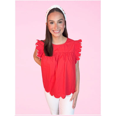 The Christy Scalloped Top-Red